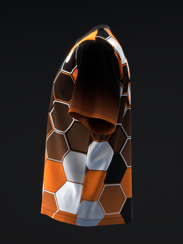 Black bowling jersey with orange and white hexagonal honeycomb pattern, front view