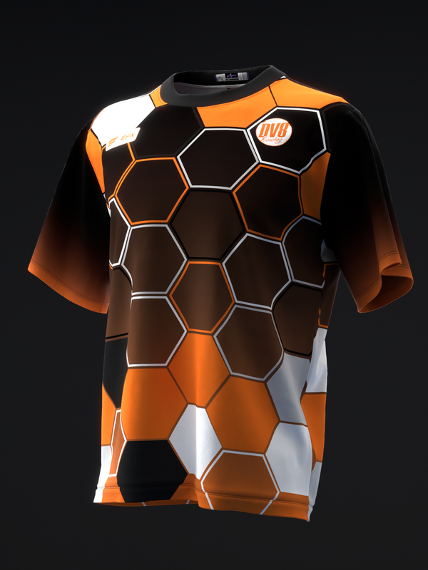Black and orange bowling jersey with honeycomb pattern design, front view