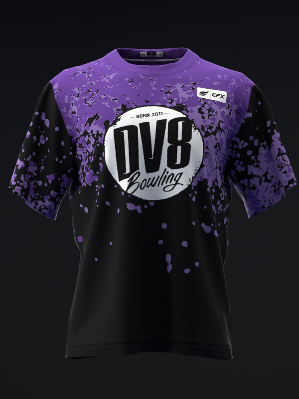 Purple and black bowling jersey with splatter paint effect and DV8 logo