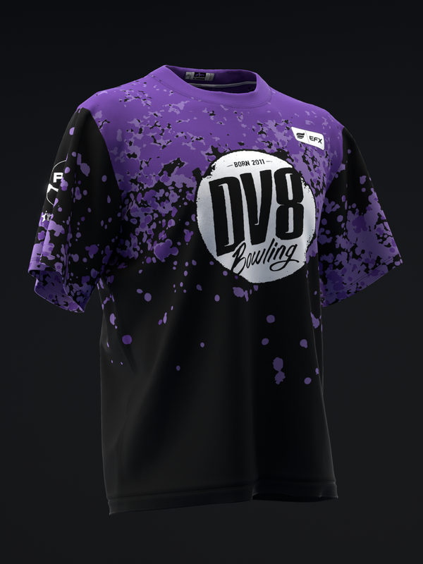 Purple and black bowling jersey with splatter pattern and DV8 logo graphic, front view