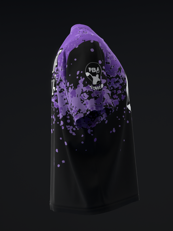 Black bowling jersey with purple splatter paint design and PBA logo