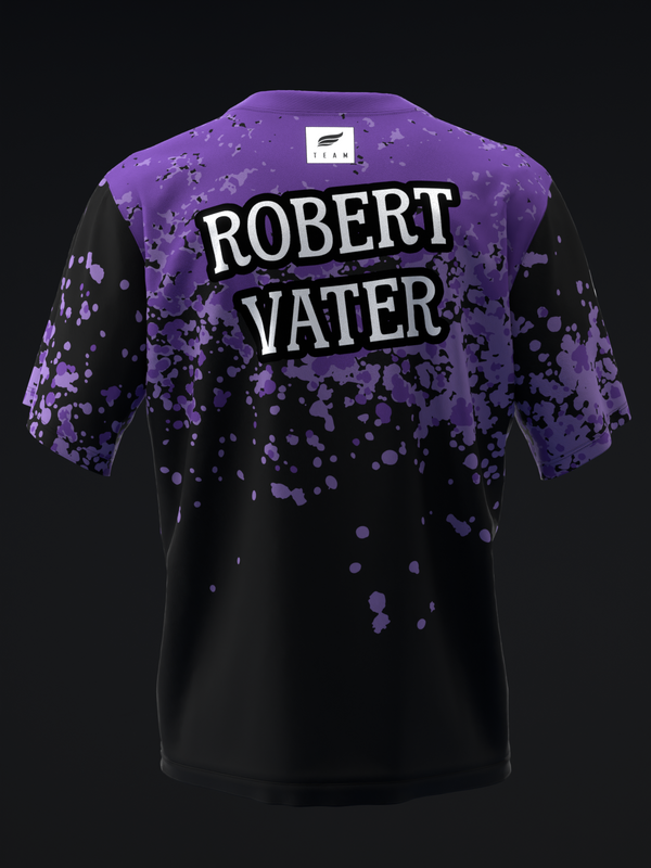 Purple and black bowling jersey with splatter pattern and Robert Vater text, back view