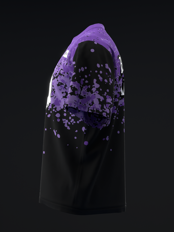 Black bowling jersey with purple splatter paint design throughout front