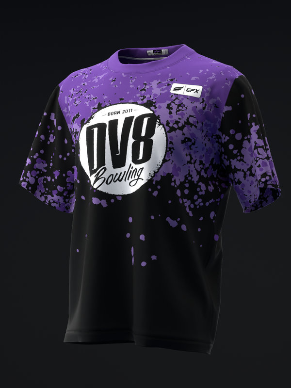 Purple and black bowling jersey with splatter pattern and DV8 logo circle graphic