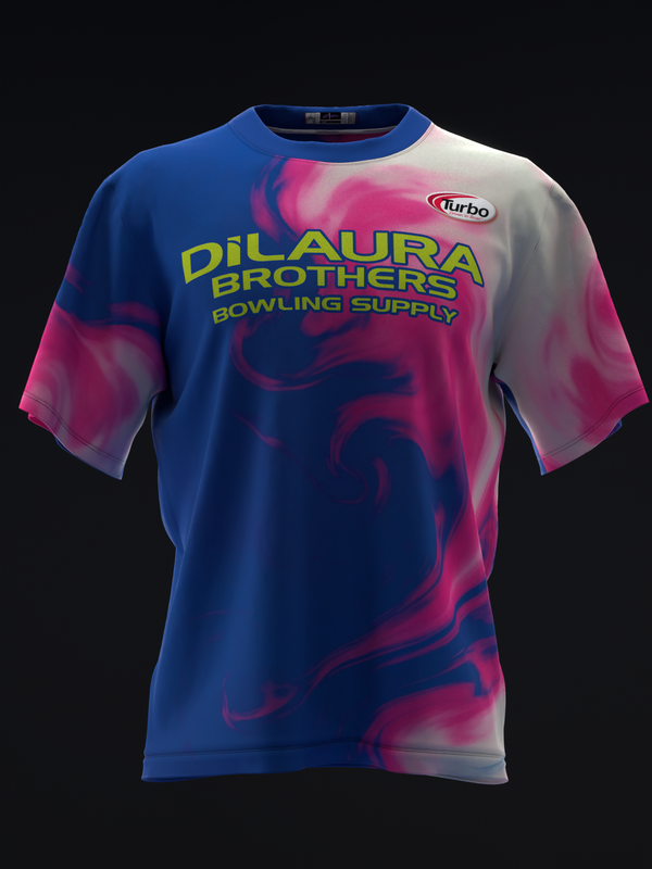 Blue and pink bowling jersey with swirling abstract pattern and yellow text