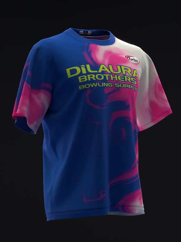 Blue and pink bowling jersey with Dilaura Brothers Bowling Supply text and abstract design