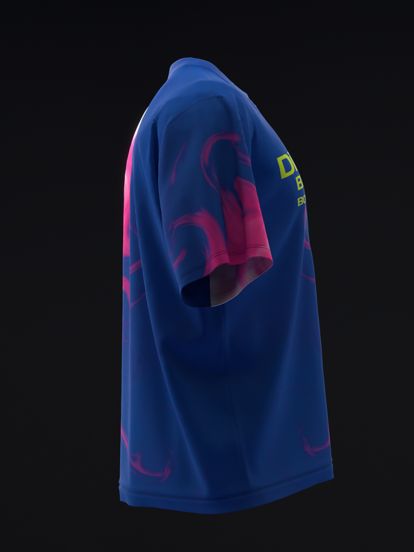 Blue bowling jersey with pink and yellow graphic design, back view