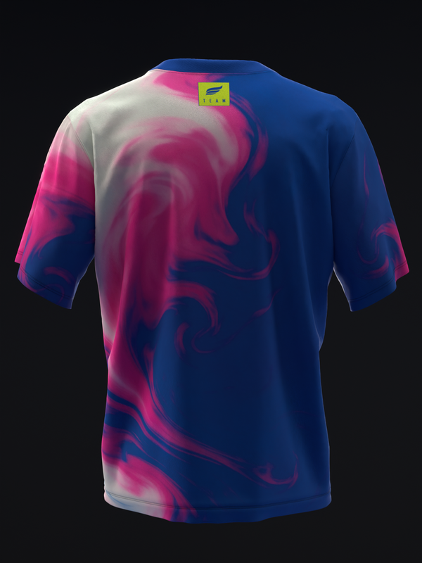 Back view of bowling jersey with blue, pink, and white swirl gradient design