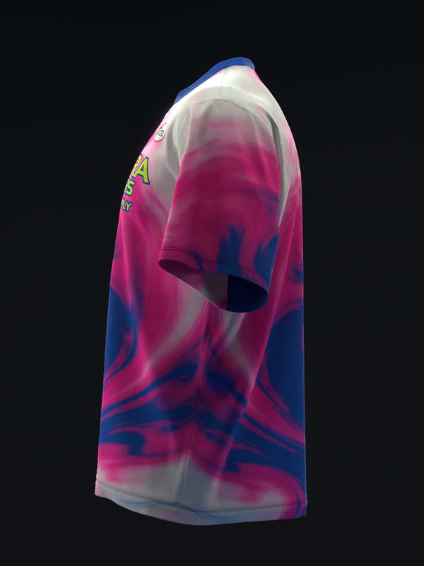 Bowling jersey with gradient pink and blue abstract swirl pattern, side view