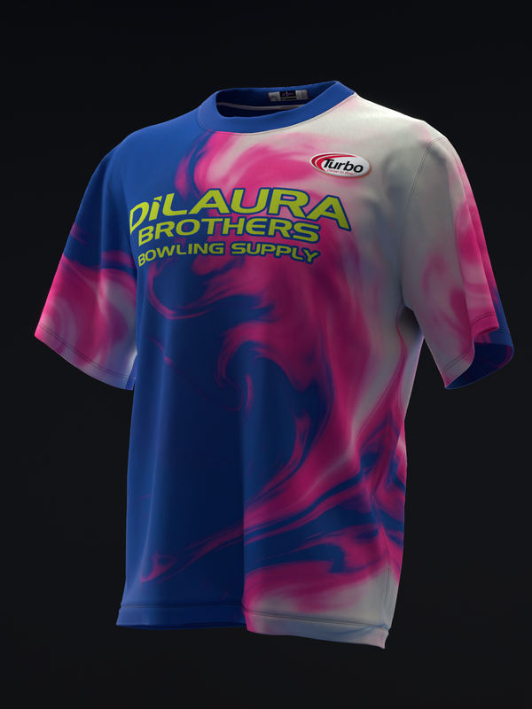 Front view of bowling jersey with blue, pink, and white swirl pattern and yellow text