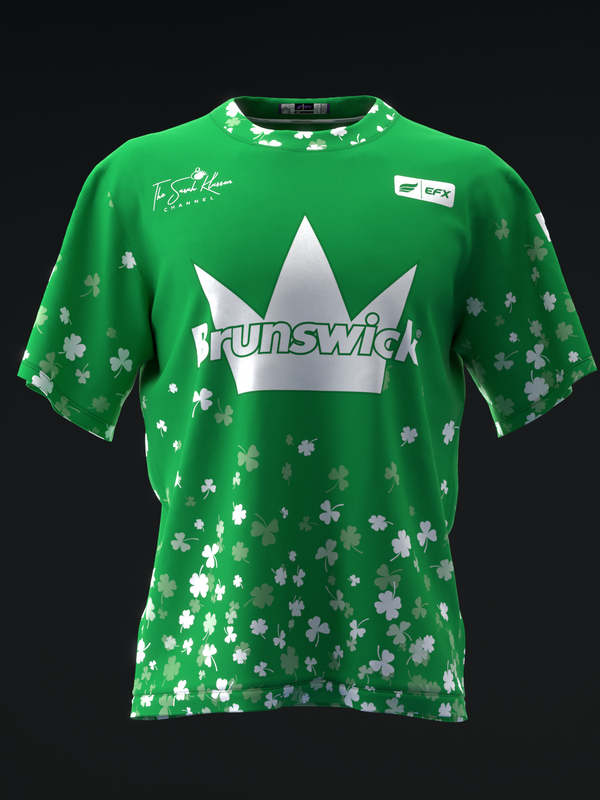 Green bowling jersey with clover pattern and silver crown Brunswick logo, front view