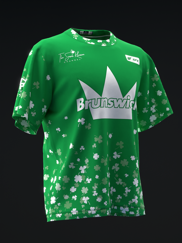 Green bowling jersey with white clover pattern and Brunswick logo
