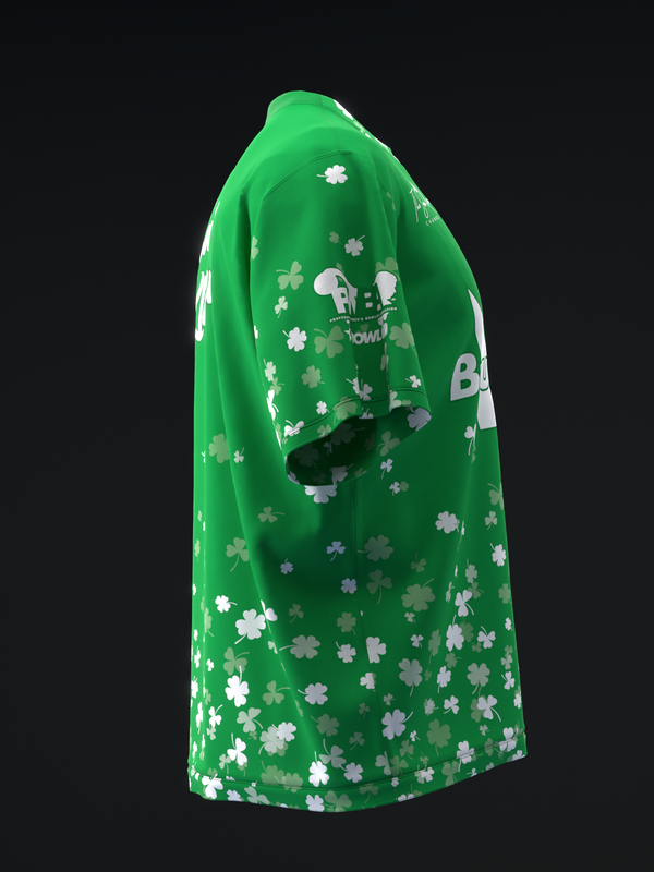 Green bowling jersey with white and pastel clover pattern throughout, side view