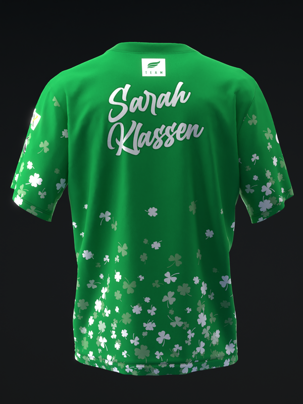 Green bowling jersey with white clover pattern and Sarah Klassen name, back view
