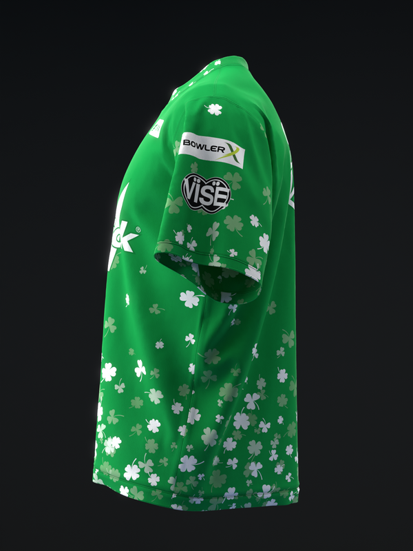 Green bowling jersey with white and gray shamrock pattern, side view