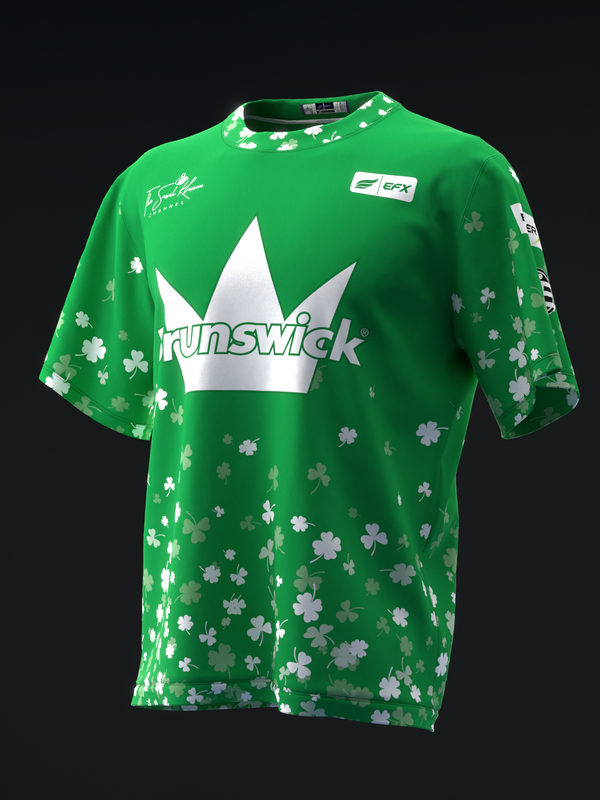 Green bowling jersey with white clover pattern and crown graphic front view