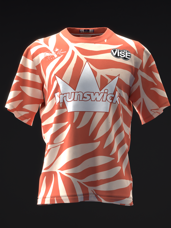Red and white bowling jersey with abstract leaf pattern and brand logos