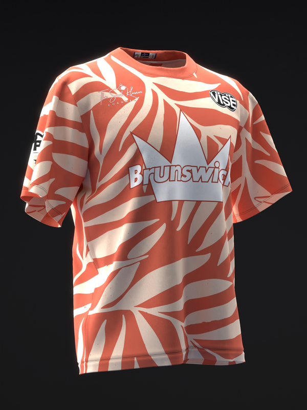 Orange and white bowling jersey with geometric palm leaf pattern and Brunswick logo