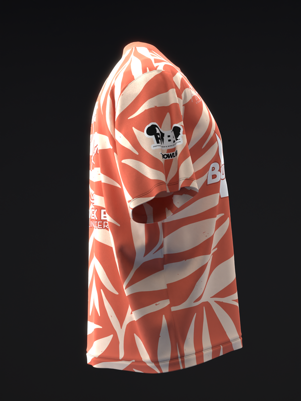 Red and white bowling jersey with tropical leaf pattern, side view
