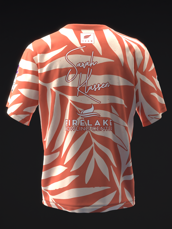 Red and white bowling jersey with palm leaf pattern and signature text