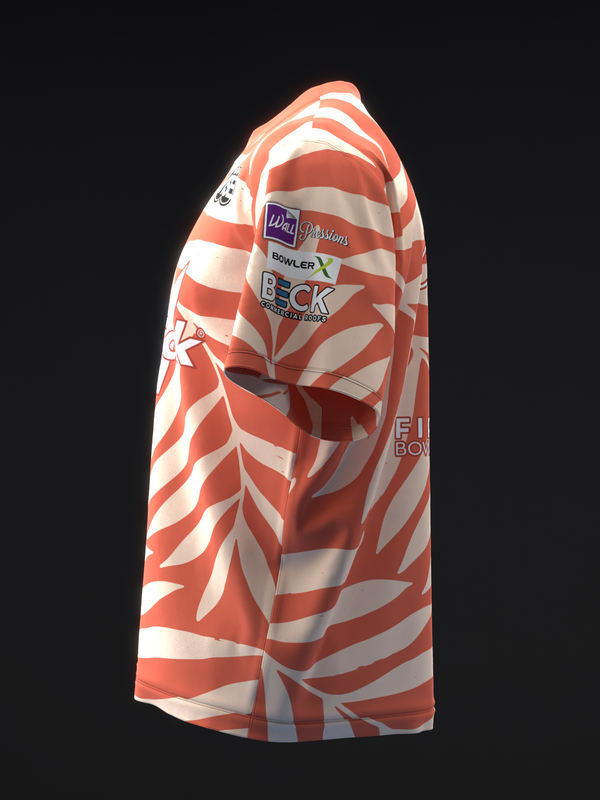 Red and white striped bowling jersey with geometric palm leaf design