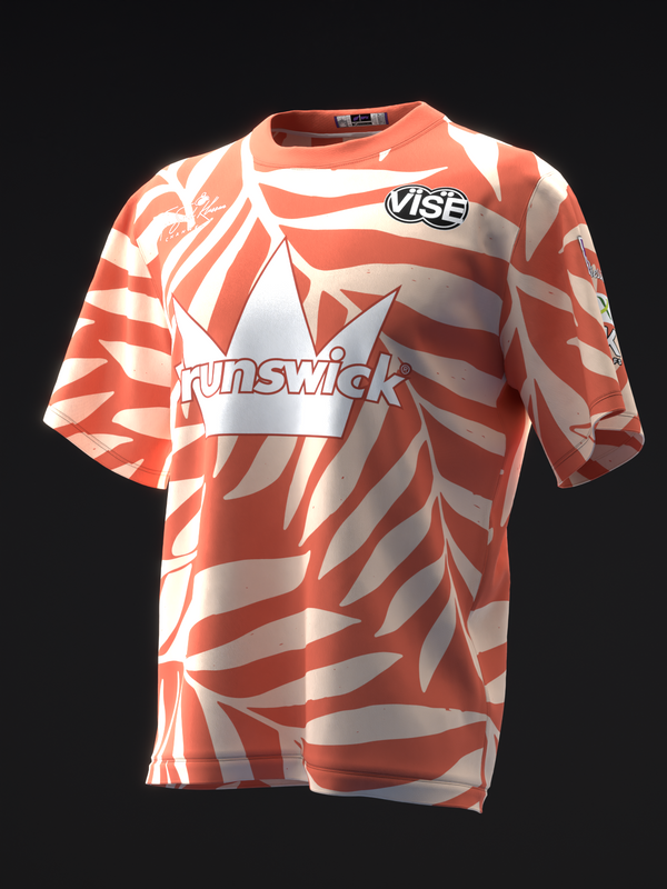 Red and white bowling jersey with palm leaf pattern and graphics