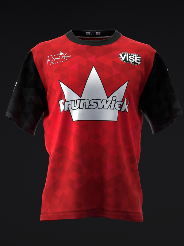 Red bowling jersey with white crown graphic and Brunswick text on front