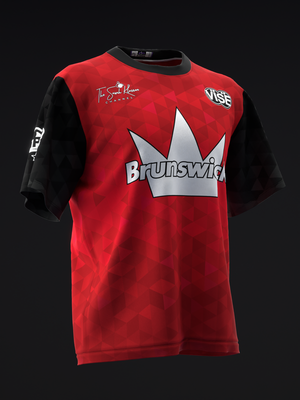 Red and black bowling jersey with Brunswick crown logo and sponsor text front view