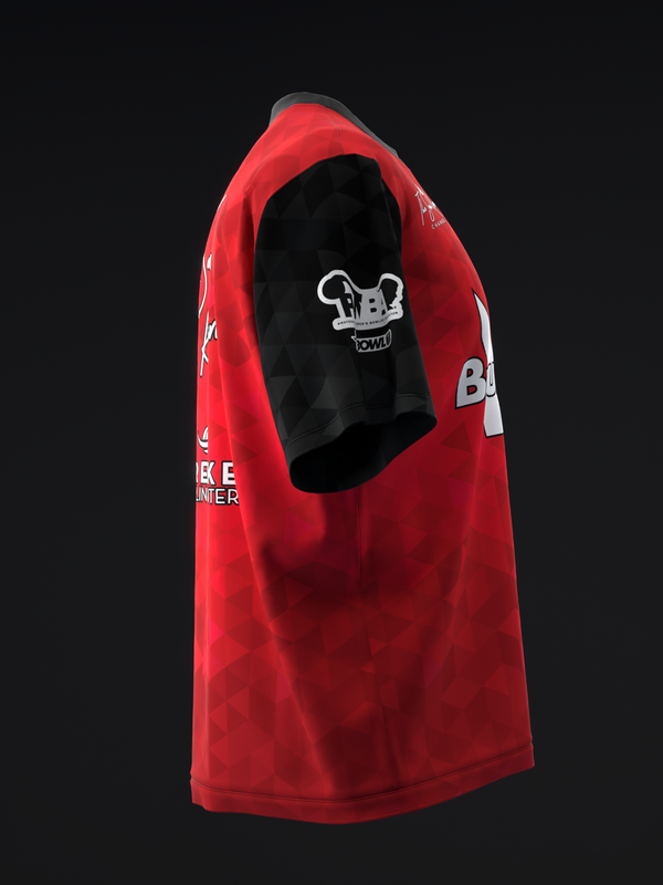 Red bowling jersey with white graphic design and text on front view