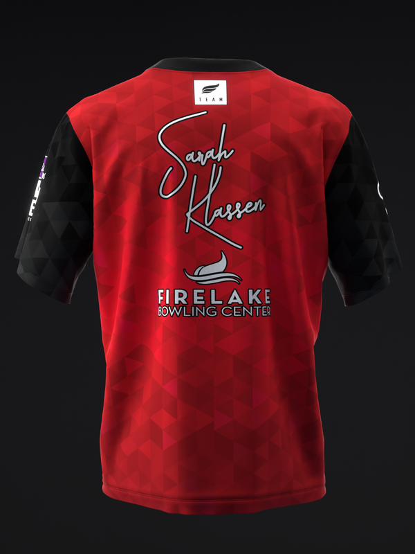 Red bowling jersey back view with black sleeves and script name graphic