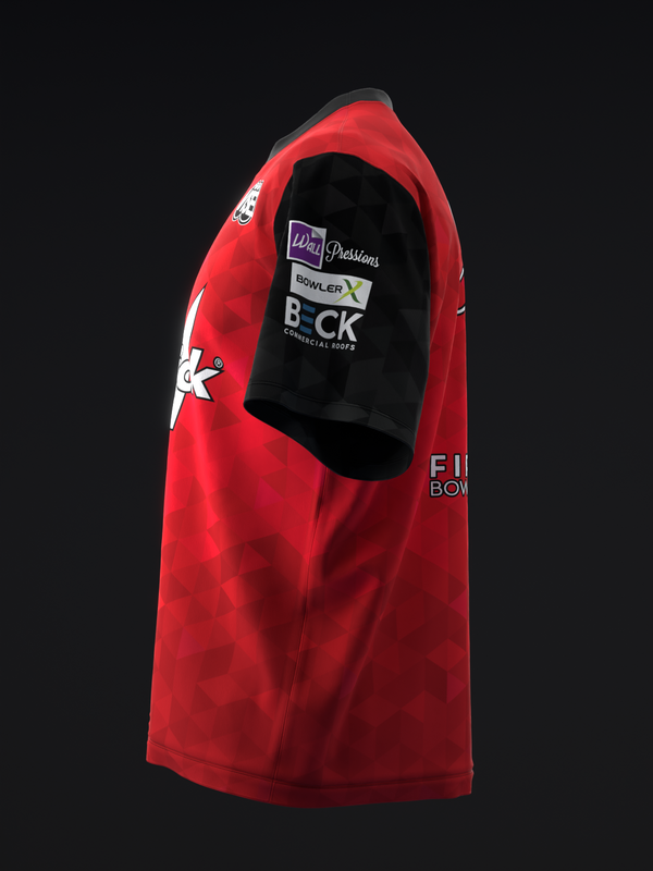Red bowling jersey with geometric pattern and white graphic logos on side view