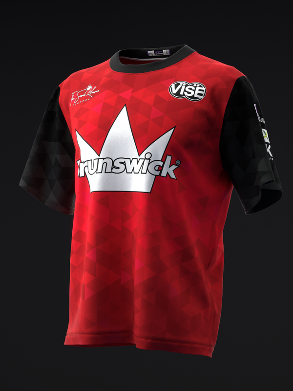 Red bowling jersey with black sleeves, white crown and Brunswick logo graphic