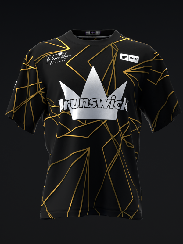 Black bowling jersey with gold geometric lines and white Brunswick crown logo on front