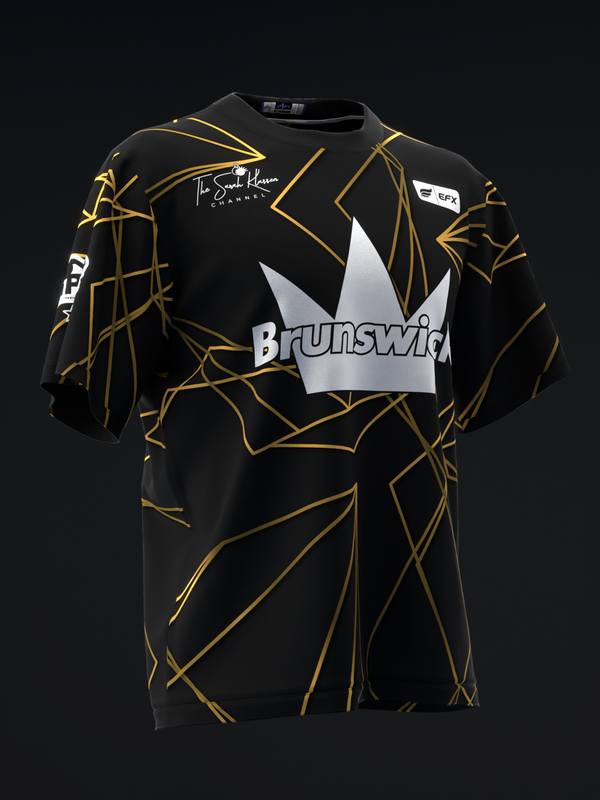 Black bowling jersey with gold geometric lines and Brunswick logo on front