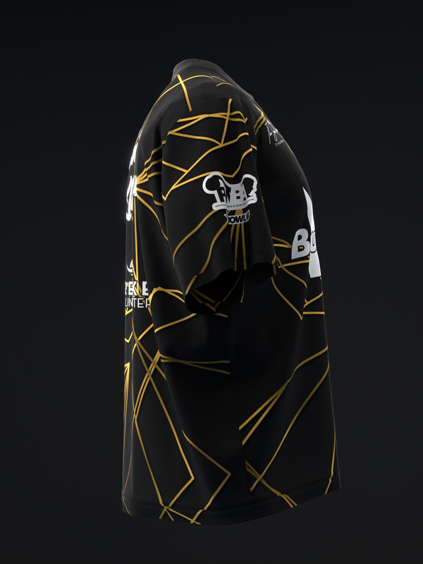 Black bowling jersey with gold geometric line pattern and white logo graphic