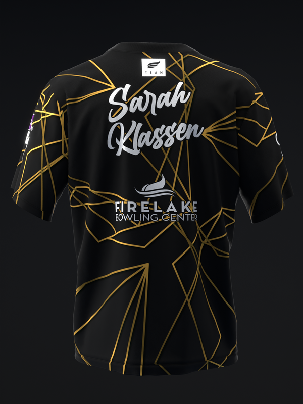 Black bowling jersey with gold geometric line pattern and white script name