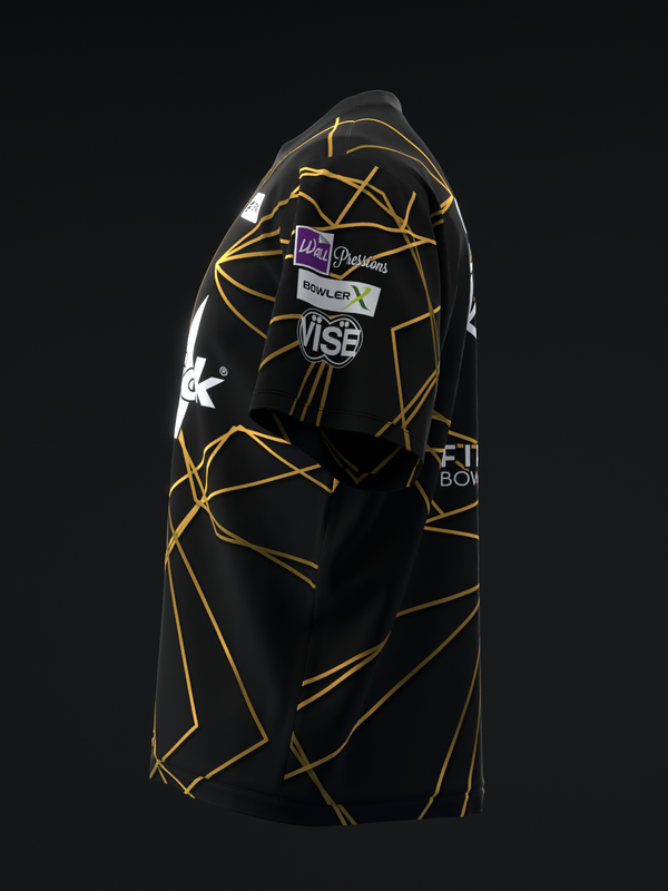 Black bowling jersey with gold geometric polyhedron pattern and logos