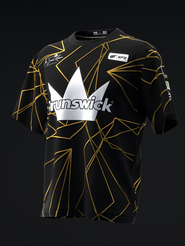 Black bowling jersey with gold geometric lines and white Brunswick crown logo, front view
