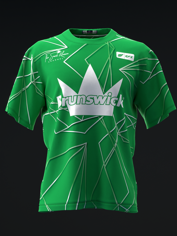 Green bowling jersey with white geometric line pattern and Brunswick logo