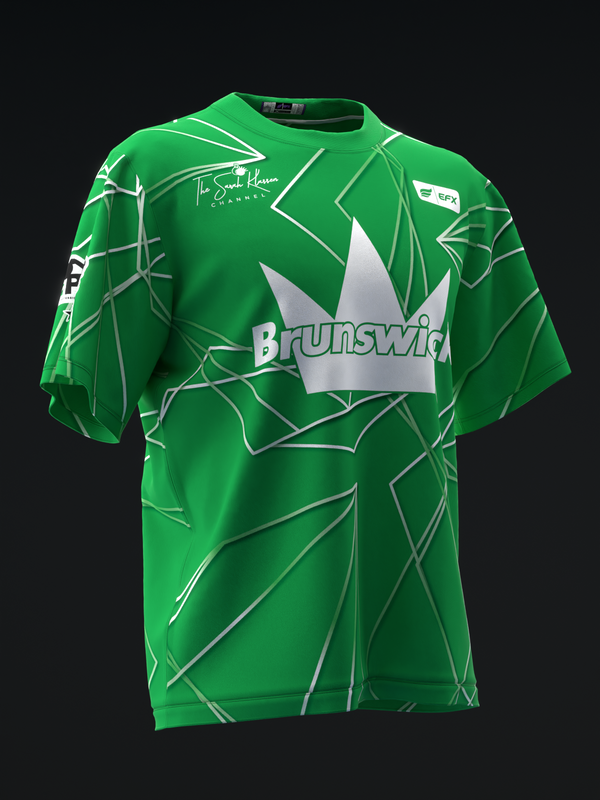 Green bowling jersey with white geometric pattern and Brunswick logo front view