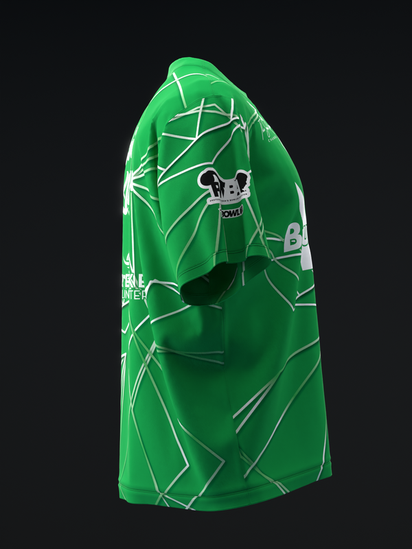 Green bowling jersey with white geometric polyhedron line pattern, front view