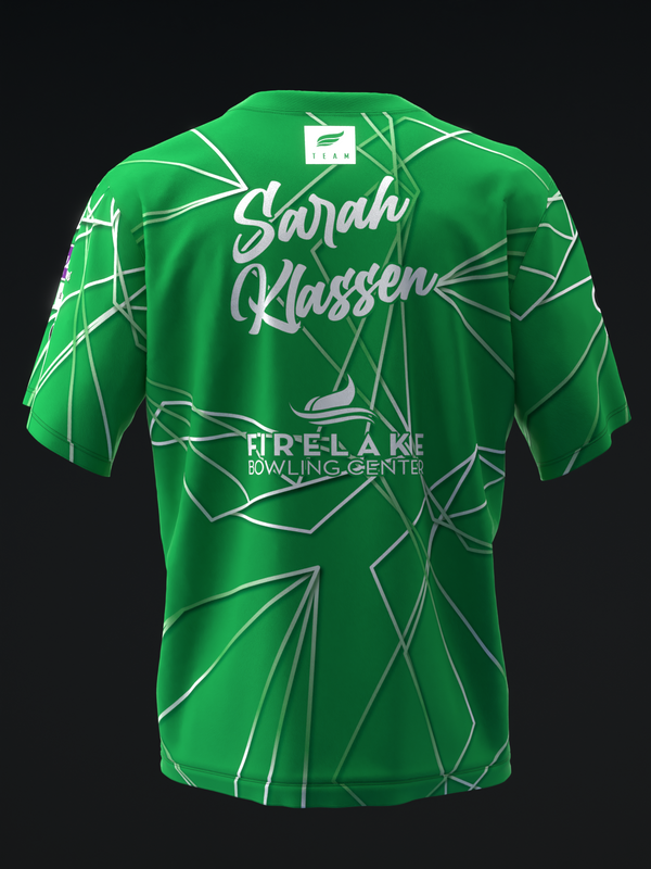 Green bowling jersey with geometric line pattern and personalized name design, back view