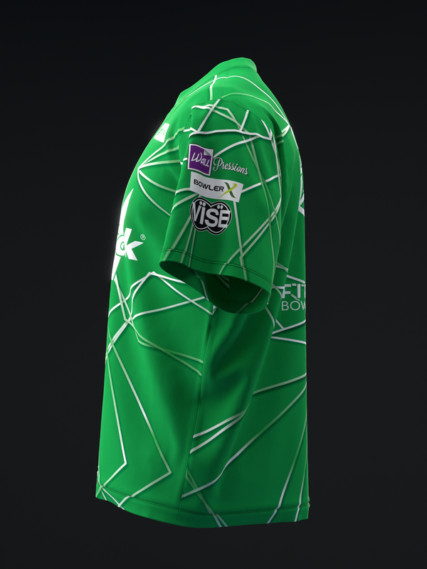 Green bowling jersey with white geometric polyhedron pattern and sponsor logos