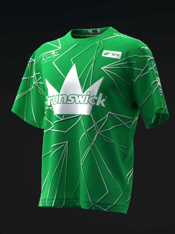 Green bowling jersey with white geometric pattern and Brunswick logo on front
