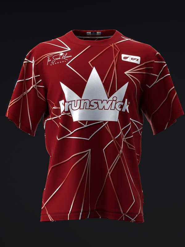 Red bowling jersey with geometric line pattern and white Brunswick logo on front