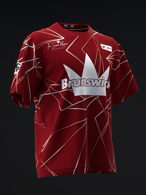 Deep maroon bowling jersey with geometric polyhedron pattern and Brunswick logo