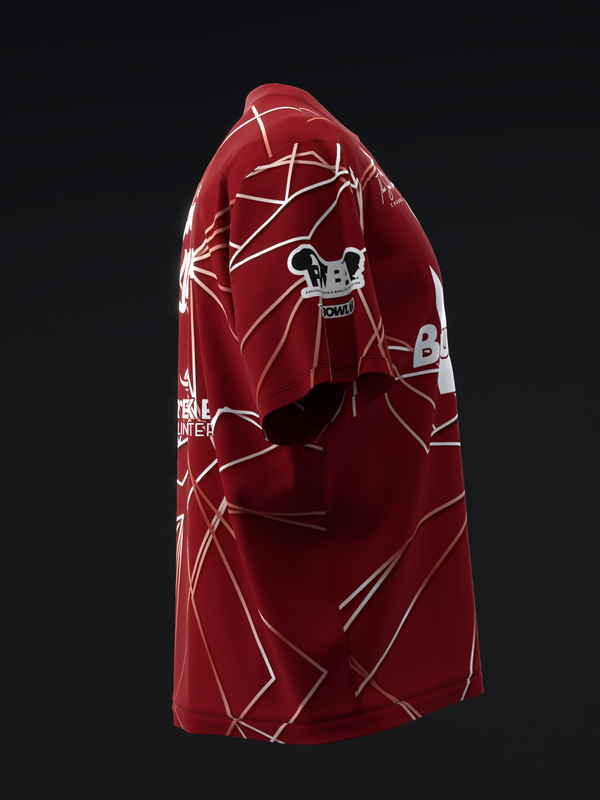 Maroon bowling jersey with white geometric polyhedron pattern, front view