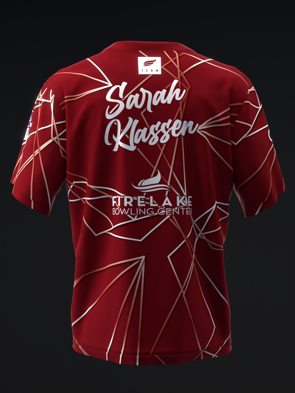 Red bowling jersey with white geometric pattern and Sarah Klassen name, back view