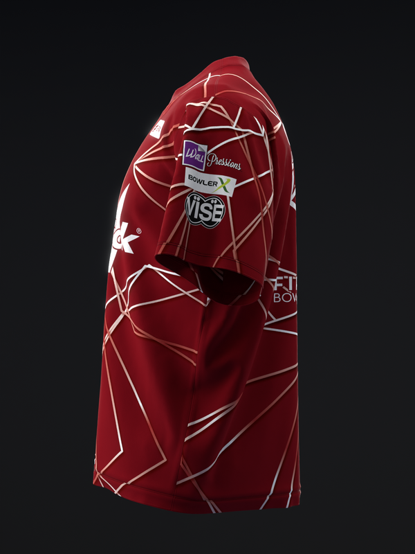 Deep red bowling jersey with geometric white line pattern and sponsor badges on chest