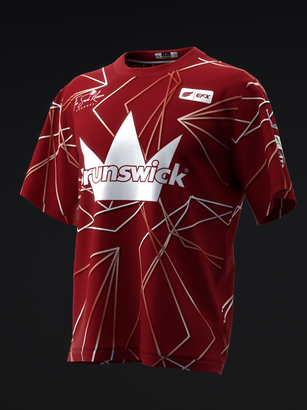 Red bowling jersey with white geometric polyhedron pattern and Brunswick logo